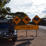 Crazy road sign at Yalata - watch out for Camels, Roos and Wombats!