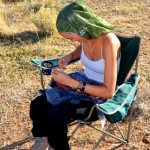 Tara fixing my jeans (with fly mesh on head!)